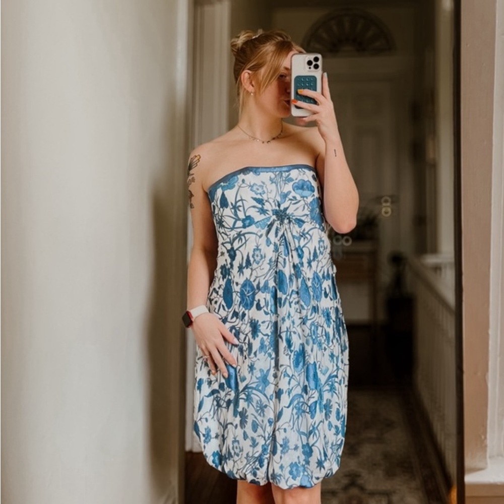 ✨ Badgley Mischka Blue Floral Print Strapless formal 100% Silk Dress